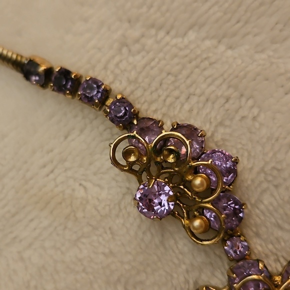 Vtg KRAMER NY 1960s Purple Crystal Floral Bridal Choker Necklace - Picture 4 of 8